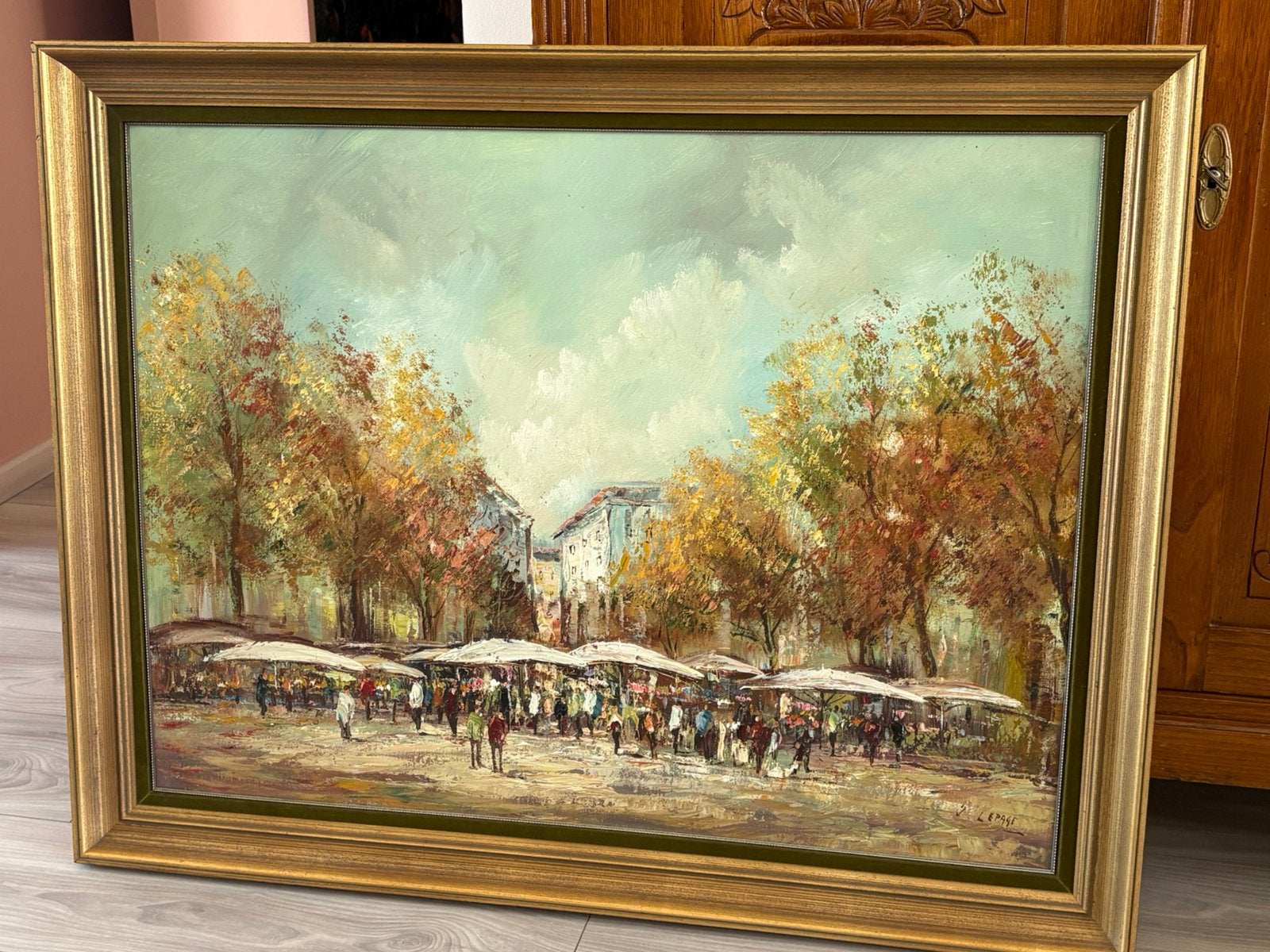 Peinture d'ambiance — place du marché — signée J. Lepage, Antiquités & Art, Art | Peinture | Classique, Signé, Enlèvement, Paysage urbain / rural