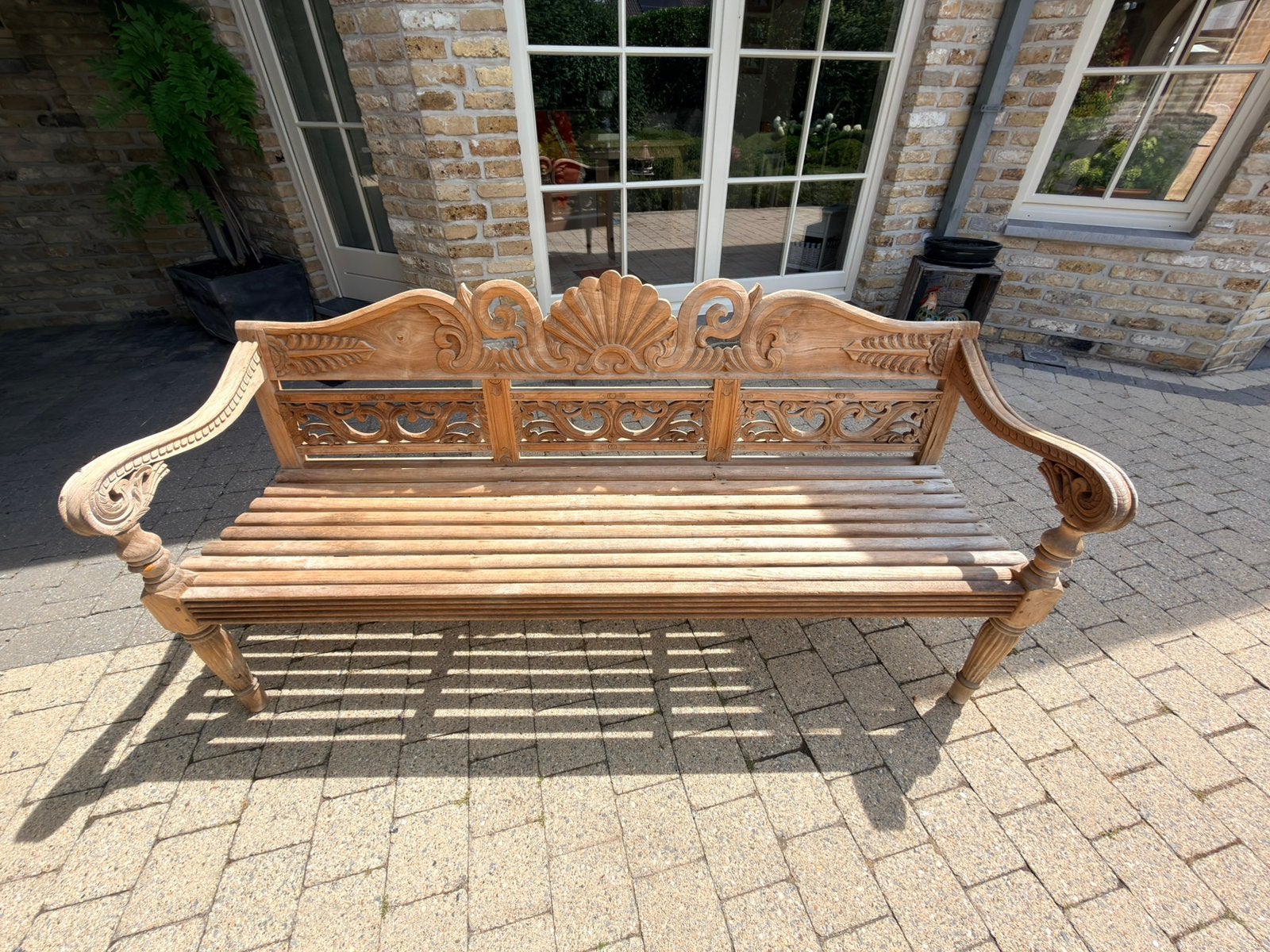 Handgesneden massief houten tuinbank 175 cm, Jardin & Terrasse, Bancs de jardin, Enlèvement, Comme neuf, Bois