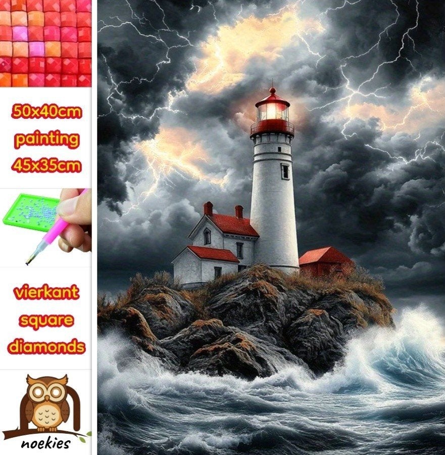 Peinture au diamant 50x40cm Phare dans une tempête carre 16, Hobby & Loisirs créatifs, Bricolage, Neuf, Zee en Strand, Multicolore