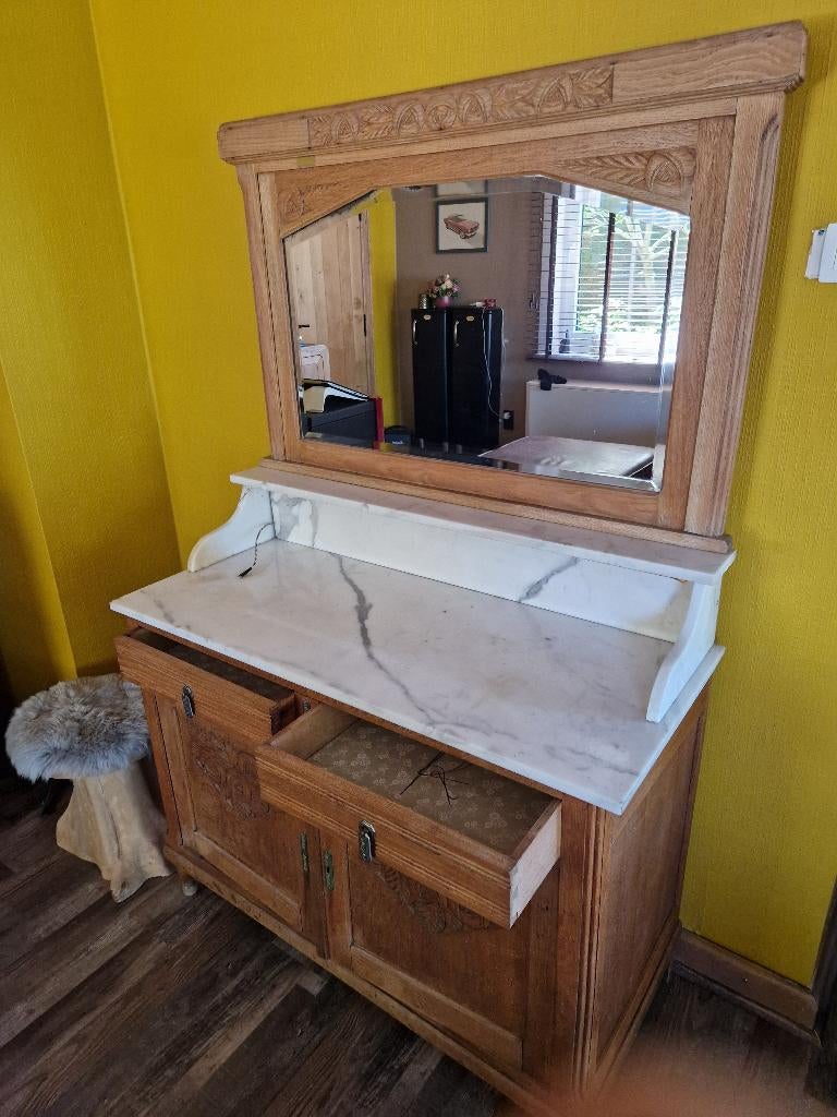 Antieke Dressoir kast met spiegel, Ophalen, Gebruikt, Eikenhout, Met deur(en)