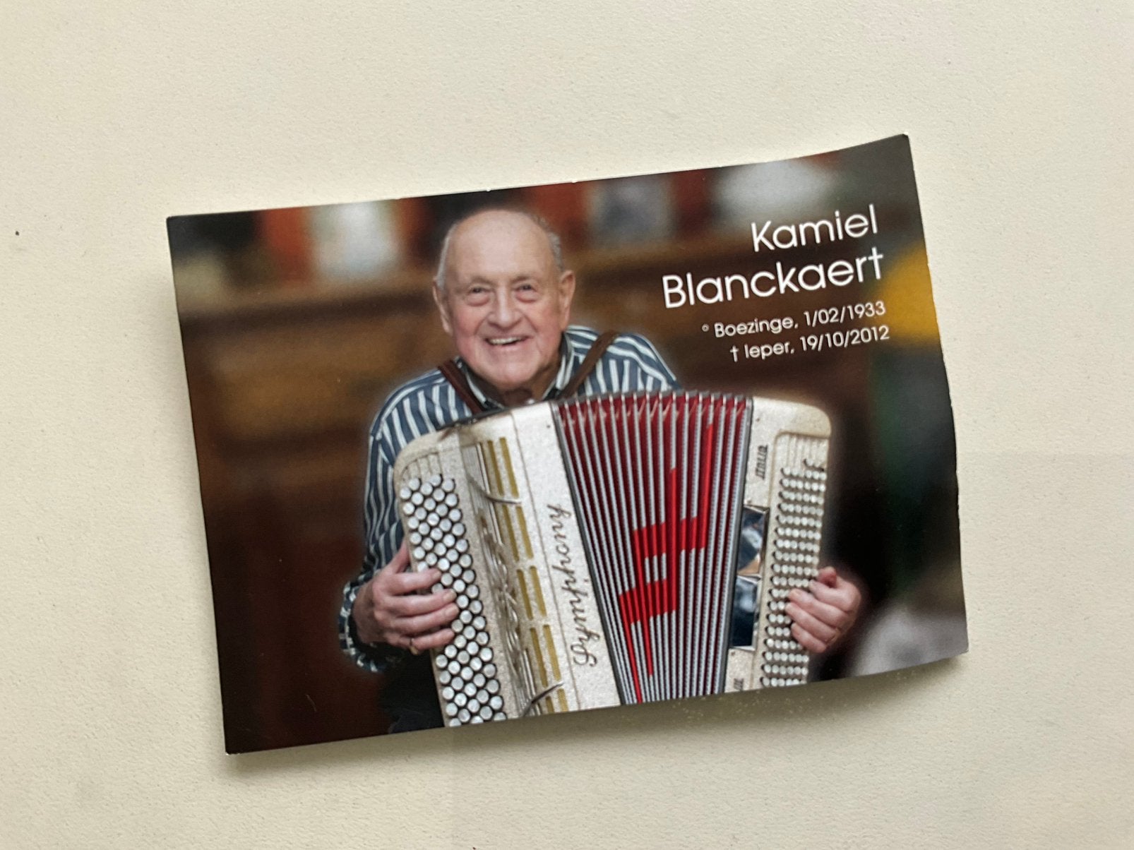 West-Vlaamse accordeonist Kamiel Blanckaert (1933 – 2012), Verzamelen, Ophalen of Verzenden, Bidprentje