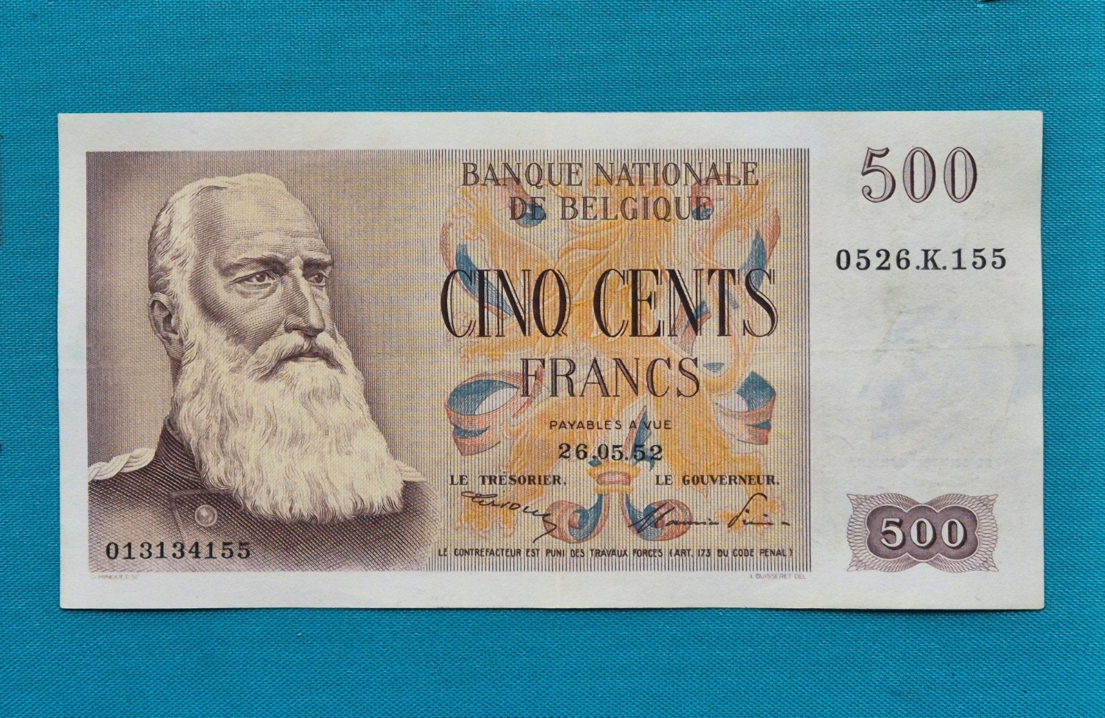 Belgium  500 Francs  1952  Centenary   EF, Ophalen of Verzenden, Los biljet