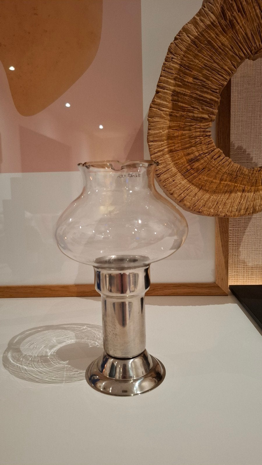 Vintage glazen windlicht met zilverkleurige voet., Ophalen, Vintage