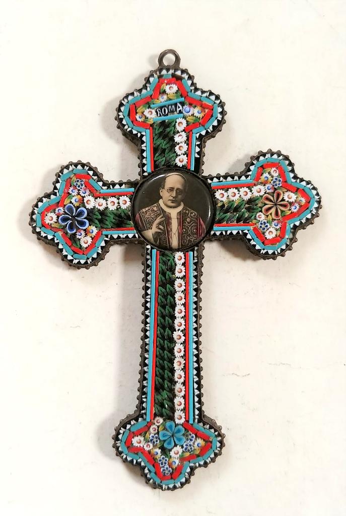 Glass of Venice micro mozaïek 'Papal' kruis 1925, Verzamelen, Ophalen of Verzenden, Gebruikt, Sieraad, Christendom | Katholiek