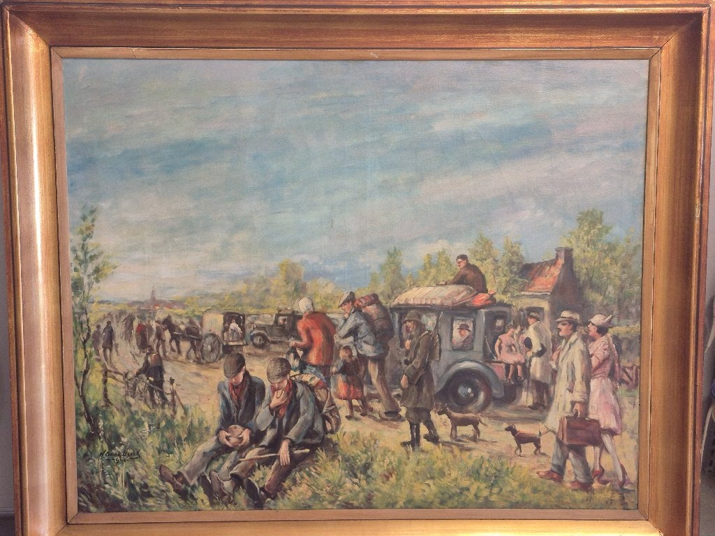 De Vlucht - 10 mei 1940, Antiquités & Art, Art | Peinture | Classique, Autres sujets, Encadré, Peinture à l'huile, Enlèvement