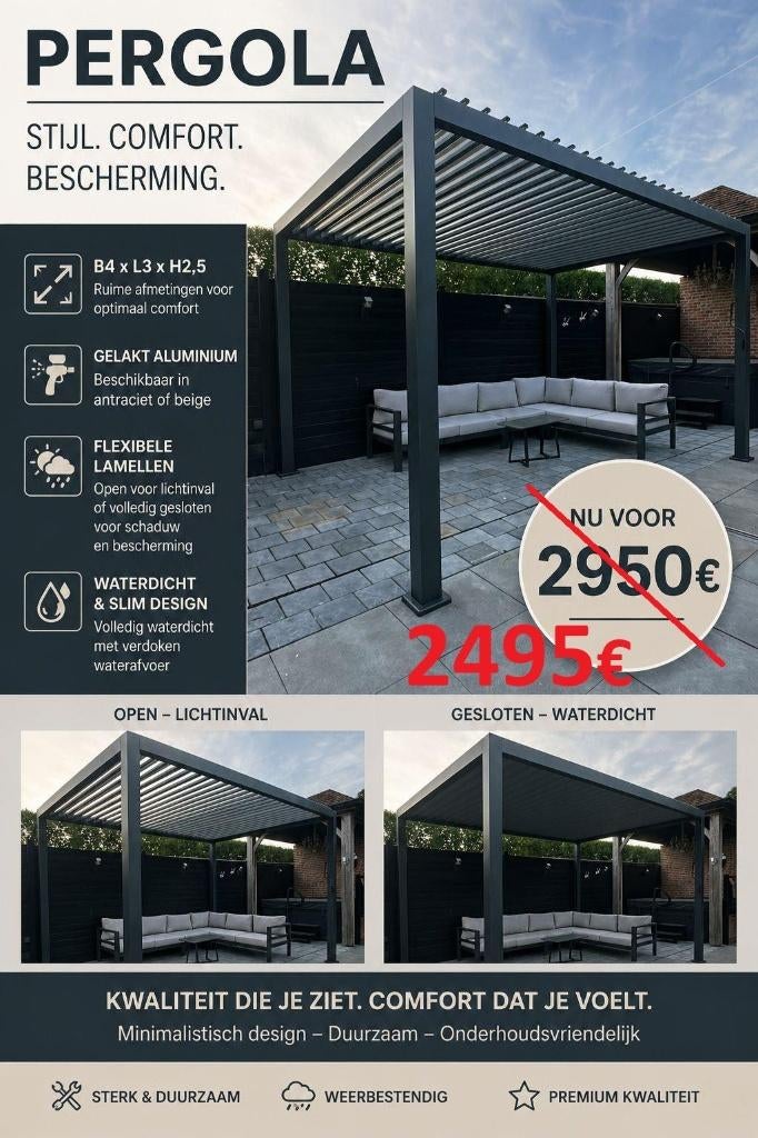 Nieuwe aluminium pergola 4m x 3m x h 2m50, Ophalen, Nieuw
