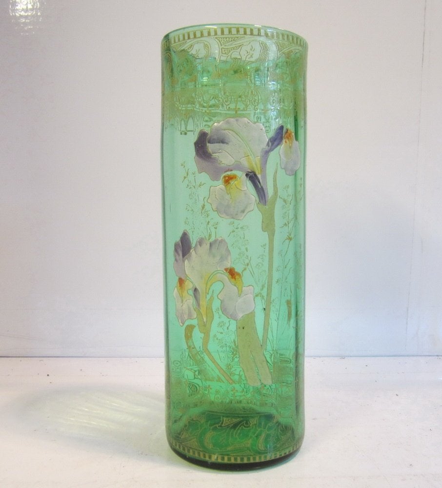 vase Legras ancien avec iris, émail, vers 1910 H 26 cm, Antiquités & Art, Enlèvement ou Envoi