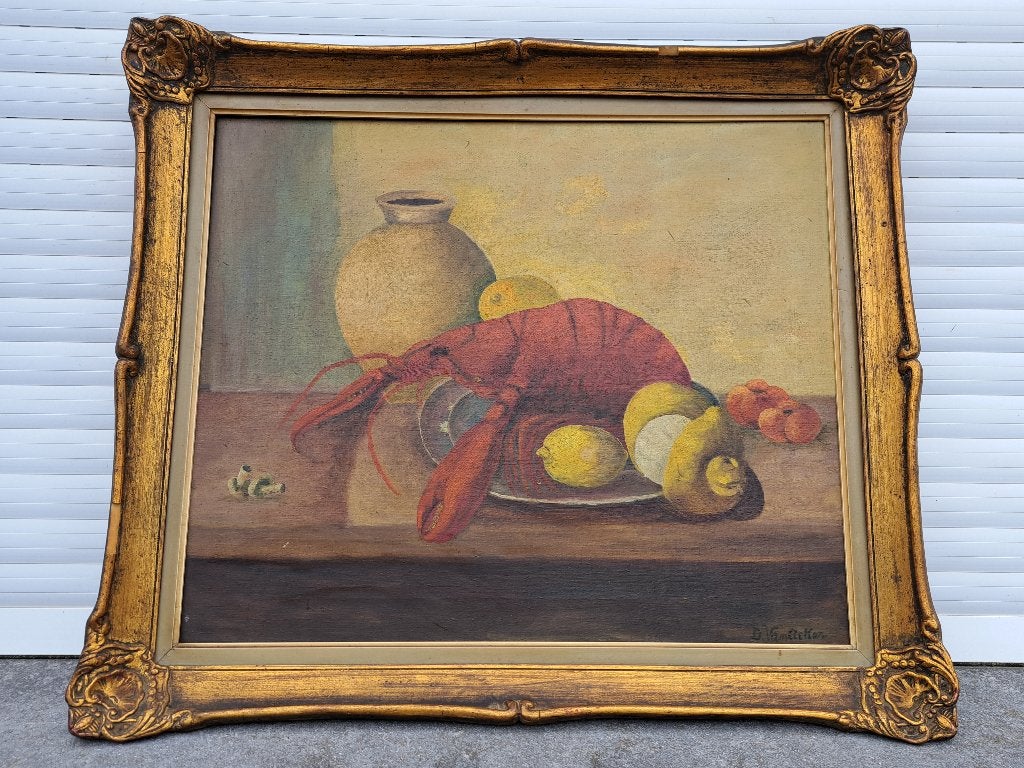 huile sur toile nature morte aux homard signe d vanacker, Antiquités & Art, Enlèvement ou Envoi, Nature morte, Toile