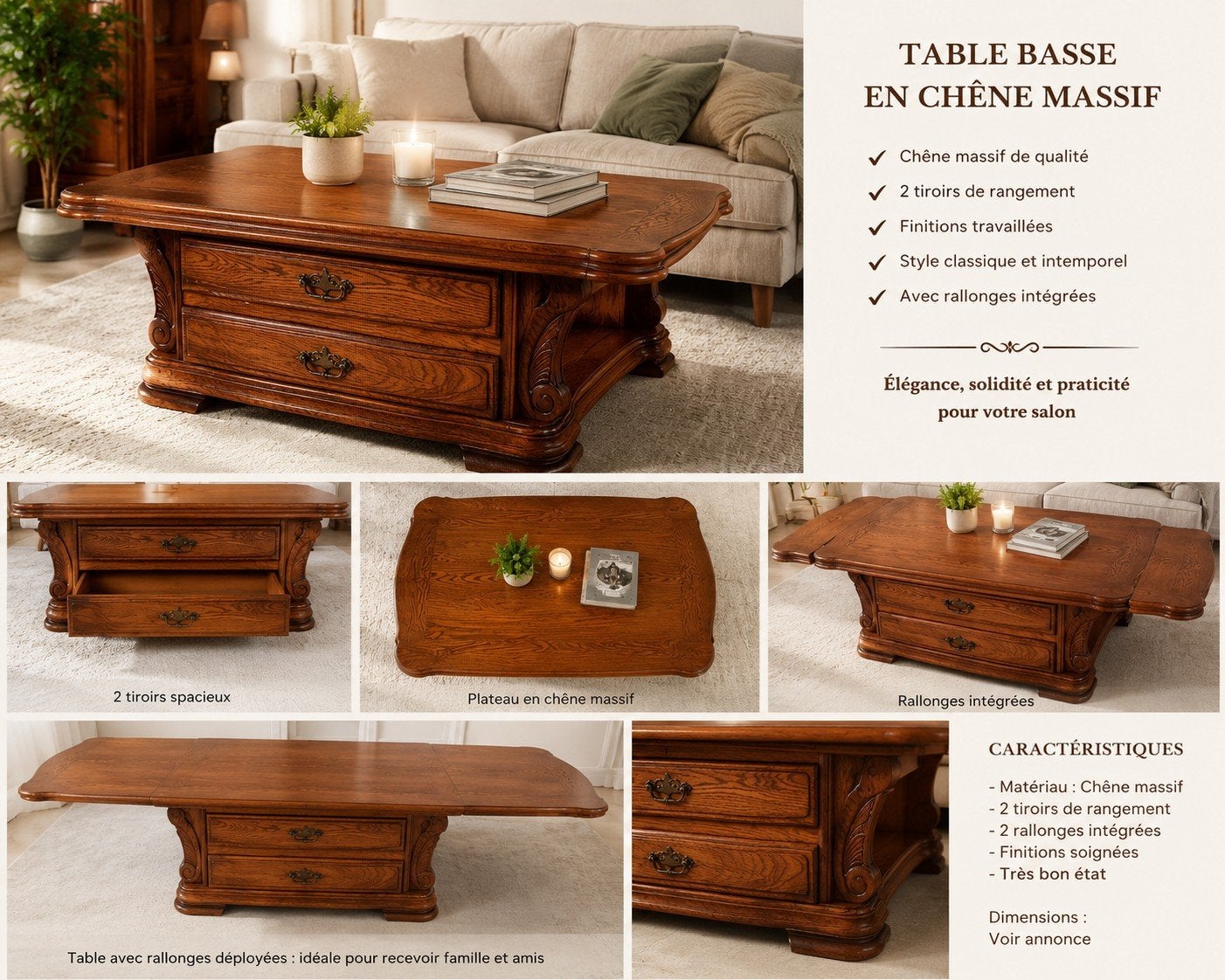 Table basse en chêne massif avec 2 tiroirs, Enlèvement, Chêne