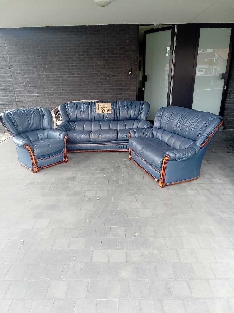 3 leren Zetels italiaans design, donkerblauw echt leer, Huis en Inrichting, Ophalen, Gebruikt, Overige maten, Leer