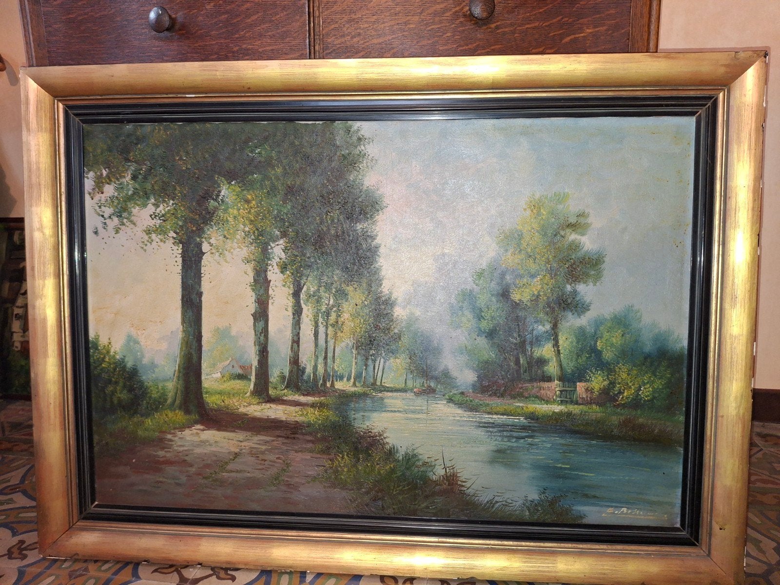 Paysage fluvial aux peupliers /Lumière du soir sur le canal, Antiquités & Art, Peinture à l'huile, Paysage, Cadre spécial, Enlèvement