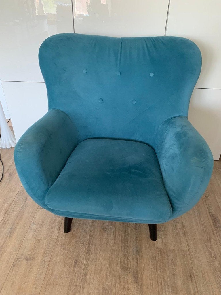 Blauwe velours fauteuil, Maison & Meubles, Fauteuils, Comme neuf, Tissus, Enlèvement