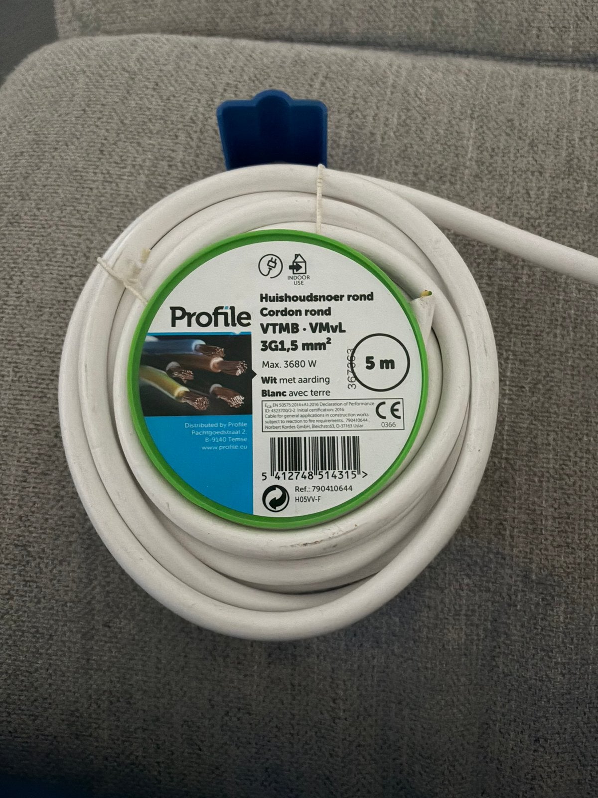 Profil VTMB fil 3G 1.5mm² 5m blanc, Enlèvement ou Envoi, Comme neuf