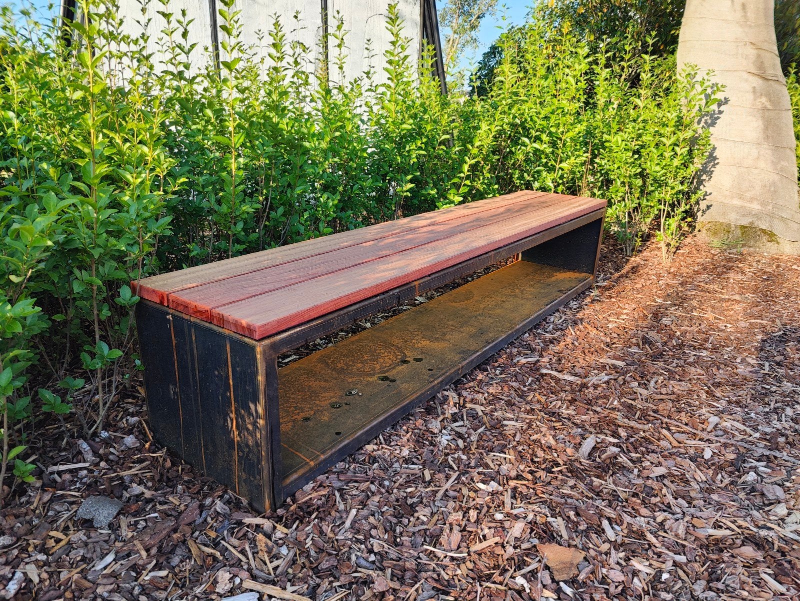 Tuinbank Cortenstaal 2000*400*400 met houtopslag, Ophalen, Nieuw, Metaal