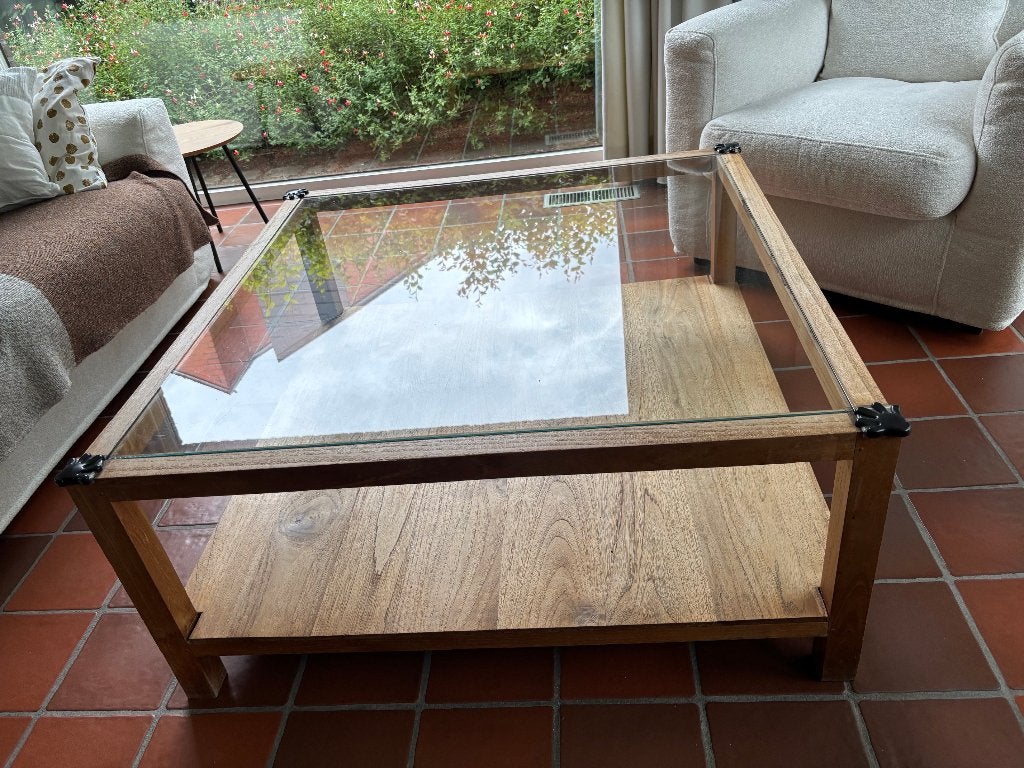 Salontafel- vierkant - hout met glas 1mx1m 45cm hoog, Ophalen, Vierkant, Grenenhout, Zo goed als nieuw