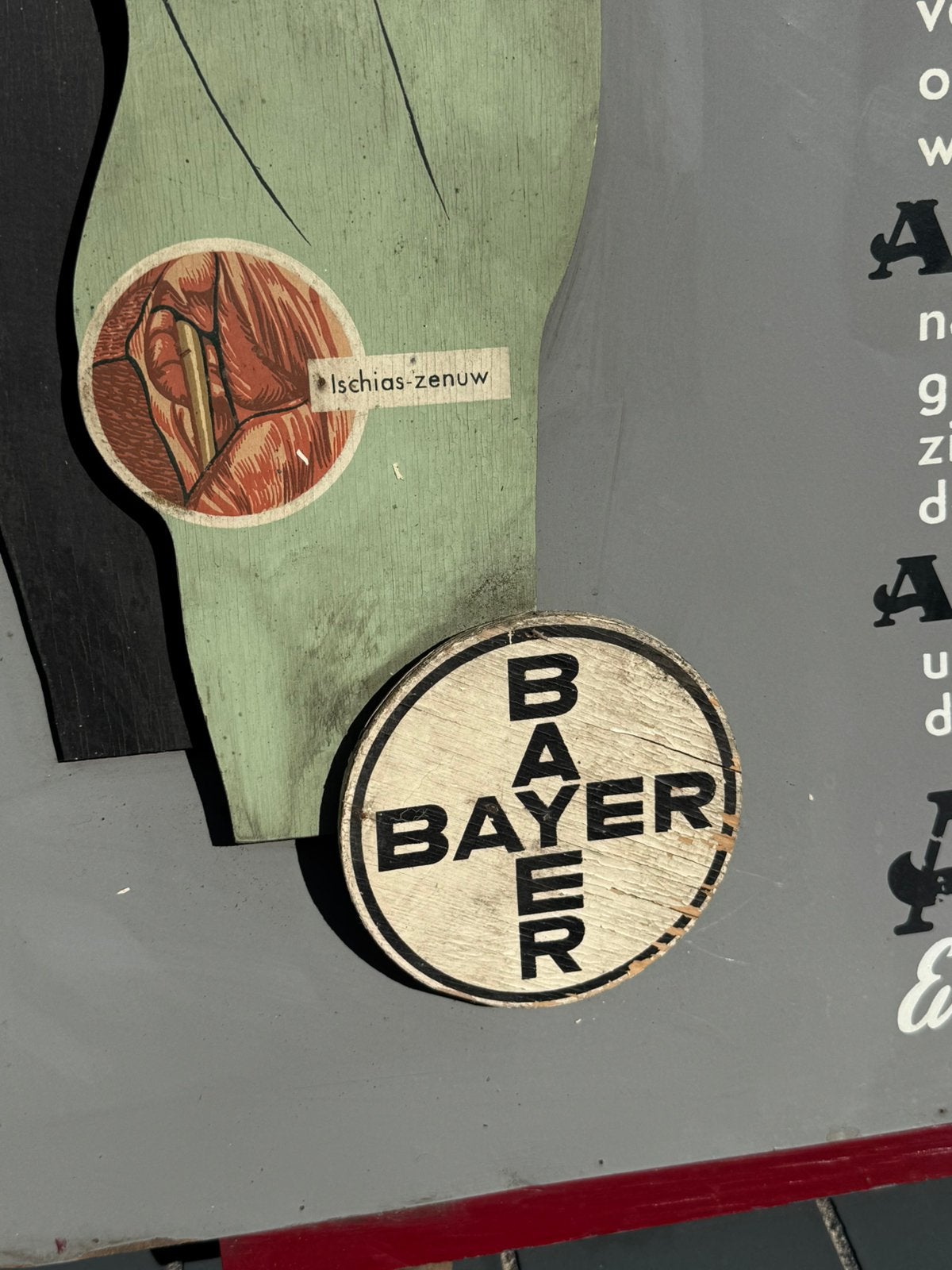 Ancien panneau d'affichage en bois Bayer Aspirin, Panneau publicitaire, ., Enlèvement, Utilisé