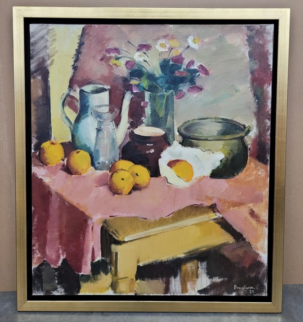 Leo BOSSELAERS, het roze tafelkleed, Antiquités & Art, Enlèvement ou Envoi, Toile, Nature morte, Signé