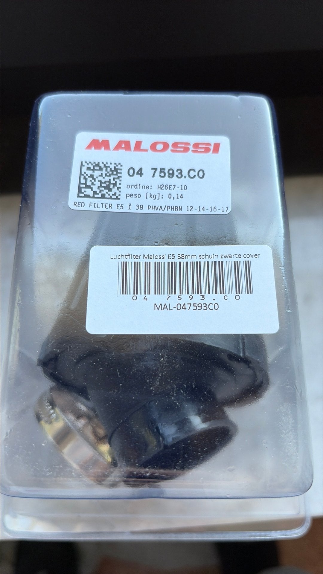 Luchtfilter Malossi E5 38mm schuin met zwarte vover, Fietsen en Brommers, Brommeronderdelen | Algemeen, Ophalen, Zo goed als nieuw