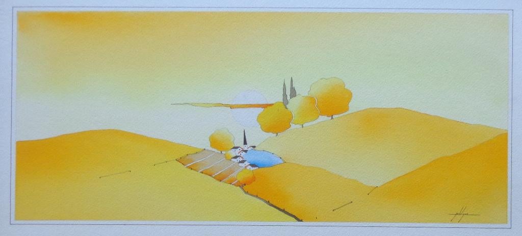 BRUNO DELVIGNE / ZONNIG LANDSCHAP / ORIGINEEL 35x61cm KADER, Enlèvement ou Envoi