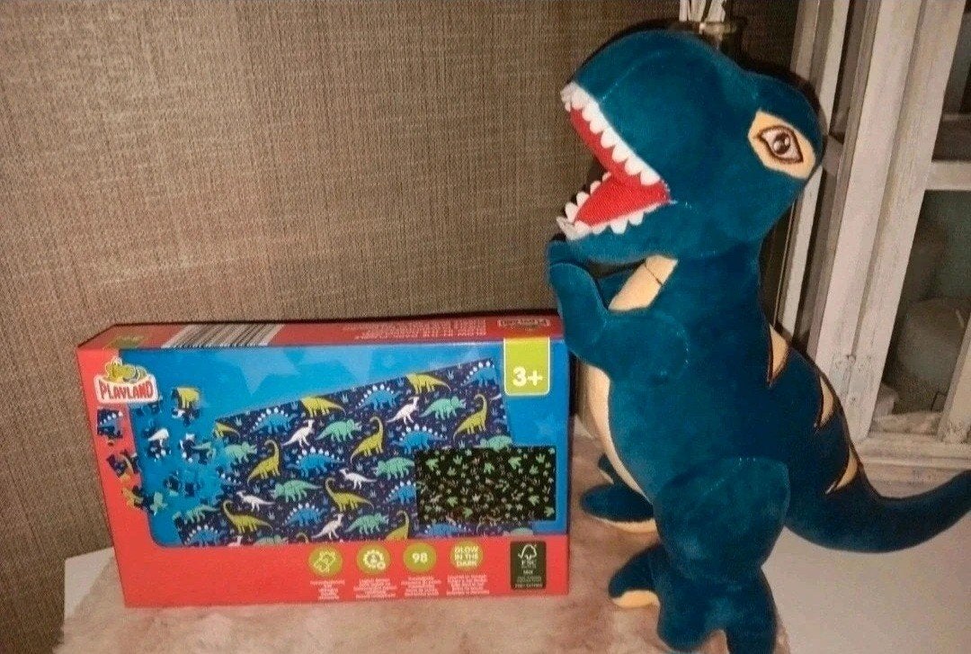 Gliw in the dark puzzel dino's 98 stukken.met knufffel, Ophalen of Verzenden