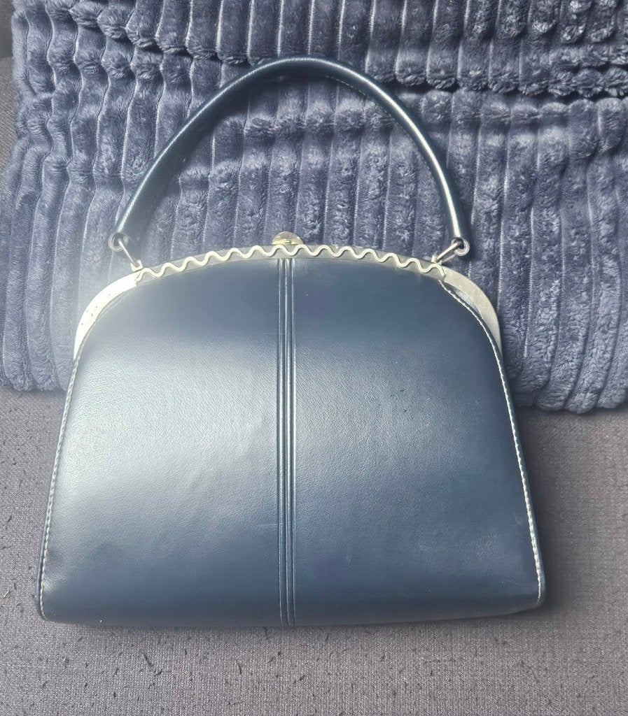 Sac à main en cuir Vintage Années 50/60 – Bleu Marine, Enlèvement ou Envoi, Utilisé, Bleu, Sac à main
