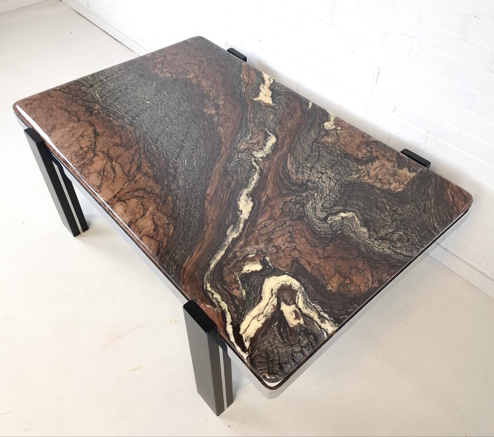 Vintage salontafel Cipollino marmer brutalist jaren 70, Ophalen