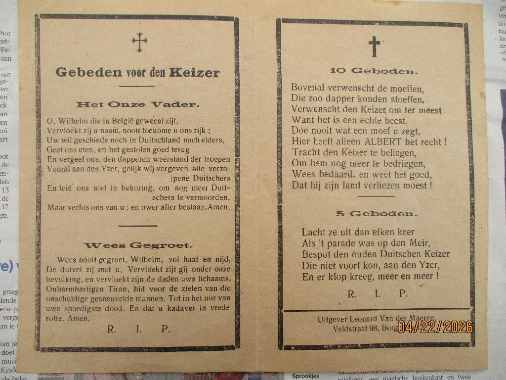 Prières pour l'empereur. Brochure satirique 1918, Envoi