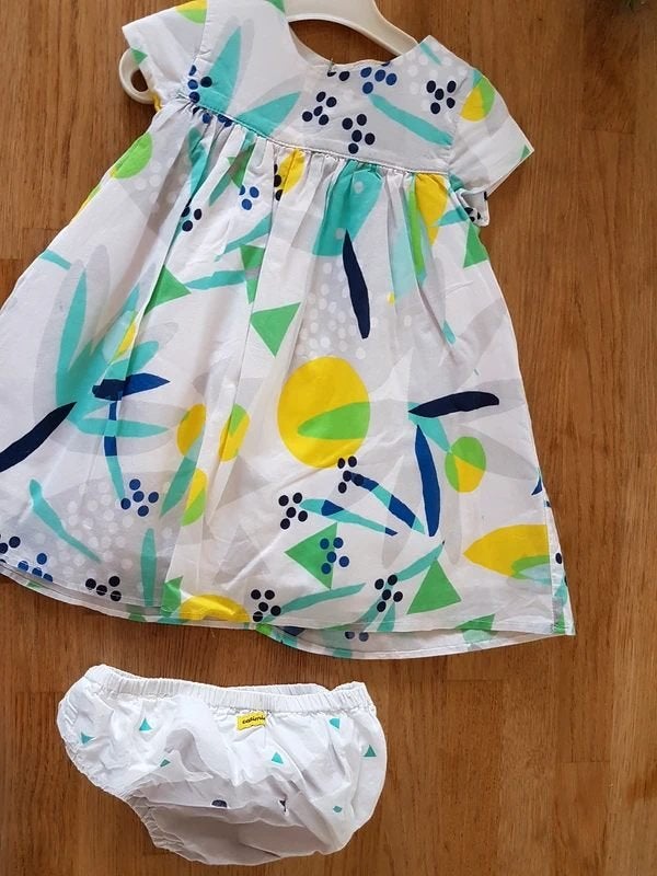 CATIMINI - Robe + bloomer blanc/bleu/jaune - T.2 ans/86 cm, Robe ou Jupe, Enlèvement ou Envoi, CATIMINI, Utilisé