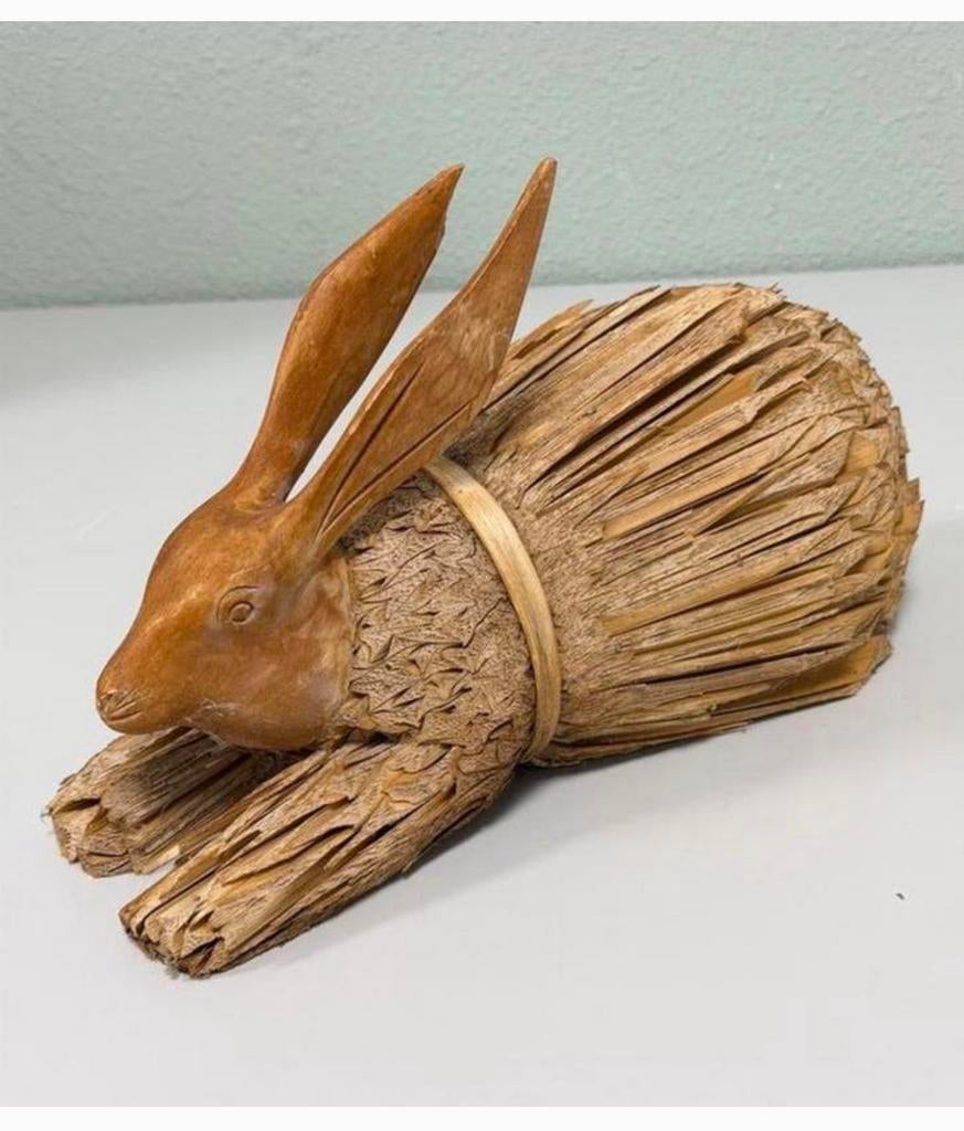 Vintage maïskolf konijn gesneden houten hoofd handgemaakt, Antiek en Kunst, Ophalen of Verzenden, Handgemaakt, Hout, Bruin