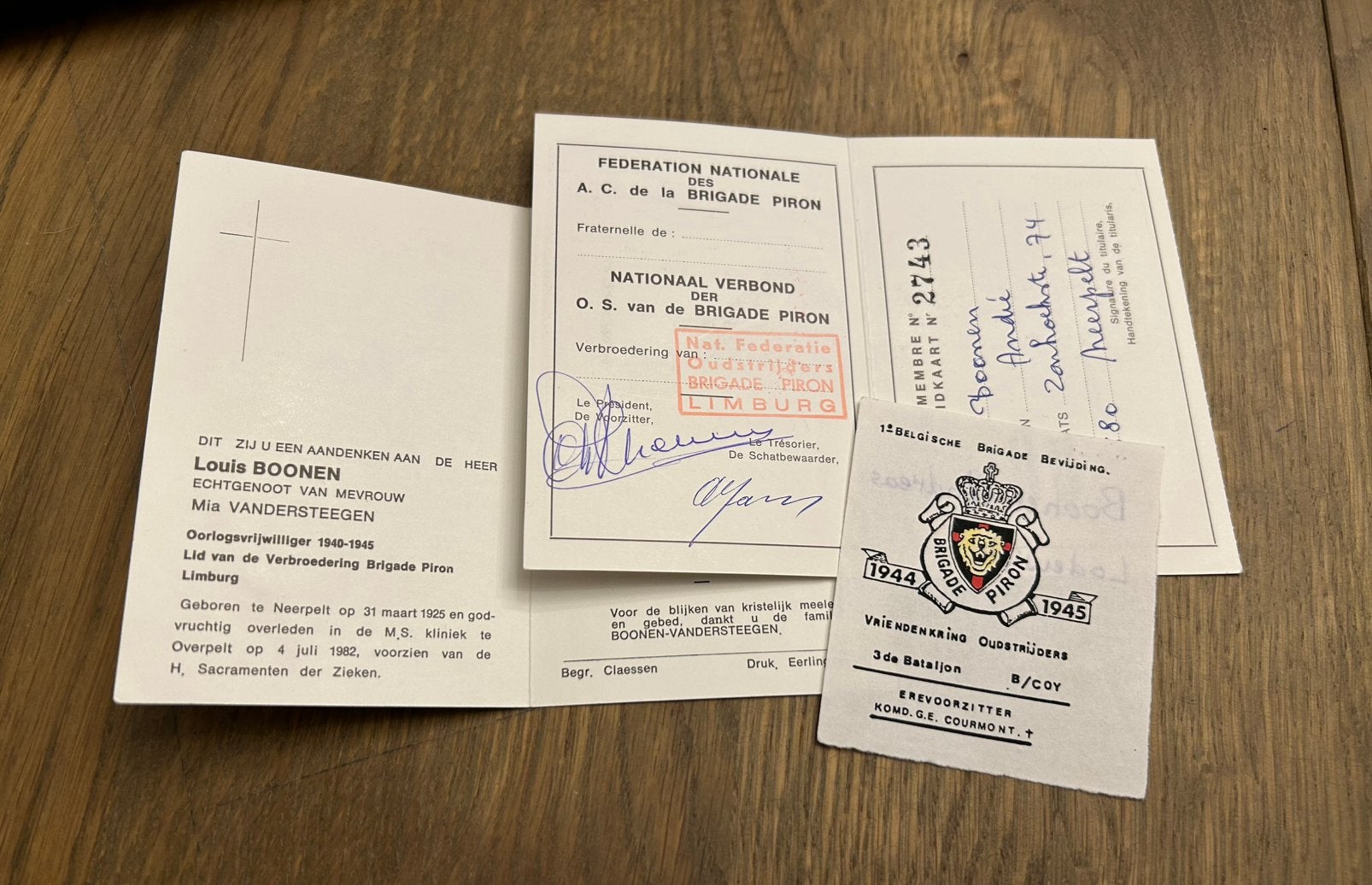 Rouwkaartje oorlogsvrijwilliger Brigade Piron, Collections, Enlèvement ou Envoi