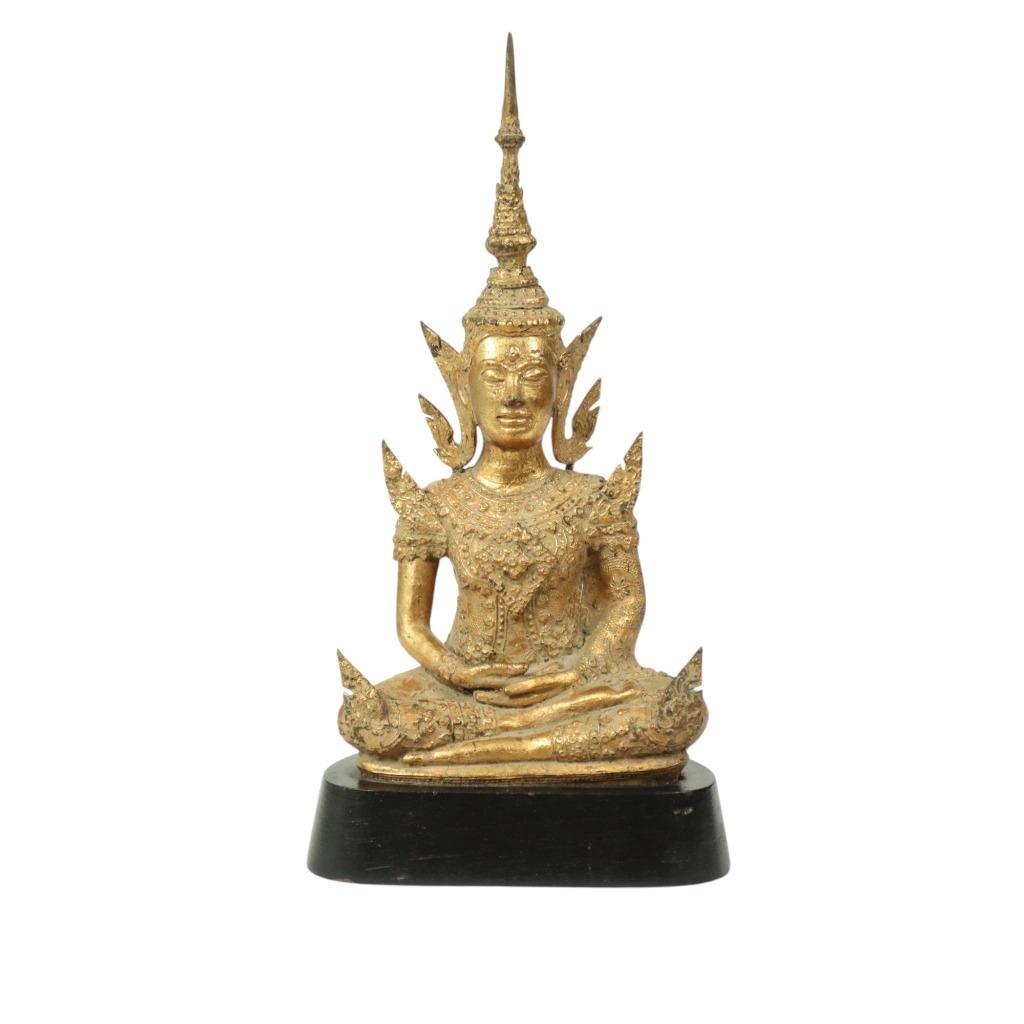 Vergulde Bronzen Boeddha Op Houten Basis Thailand Circa 1900, Enlèvement ou Envoi, Utilisé, Nvt, Nvt