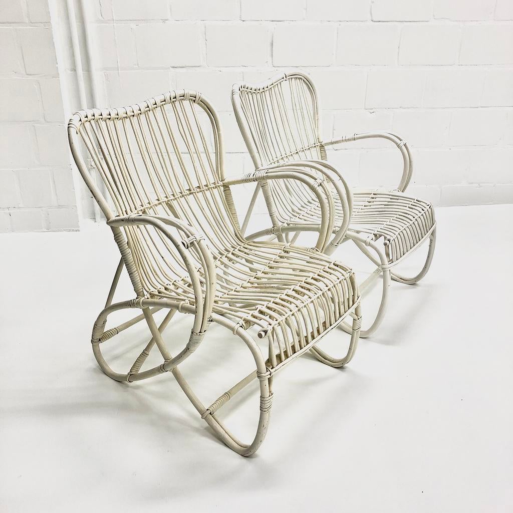 Ensemble de chaises en rotin et bambou blanc, Vintage, Deux, Utilisé, Blanc