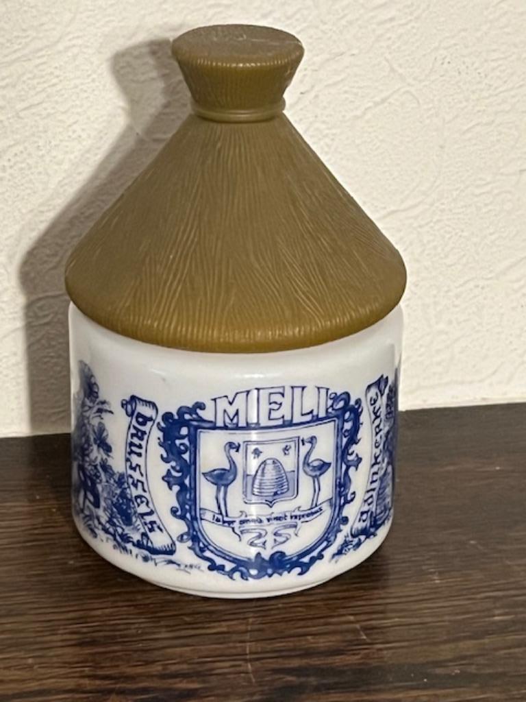 Pot à miel MELI Adinkerke, verre opalin imprimé bleu, Collections, Marques & Objets publicitaires, Utilisé, Enlèvement