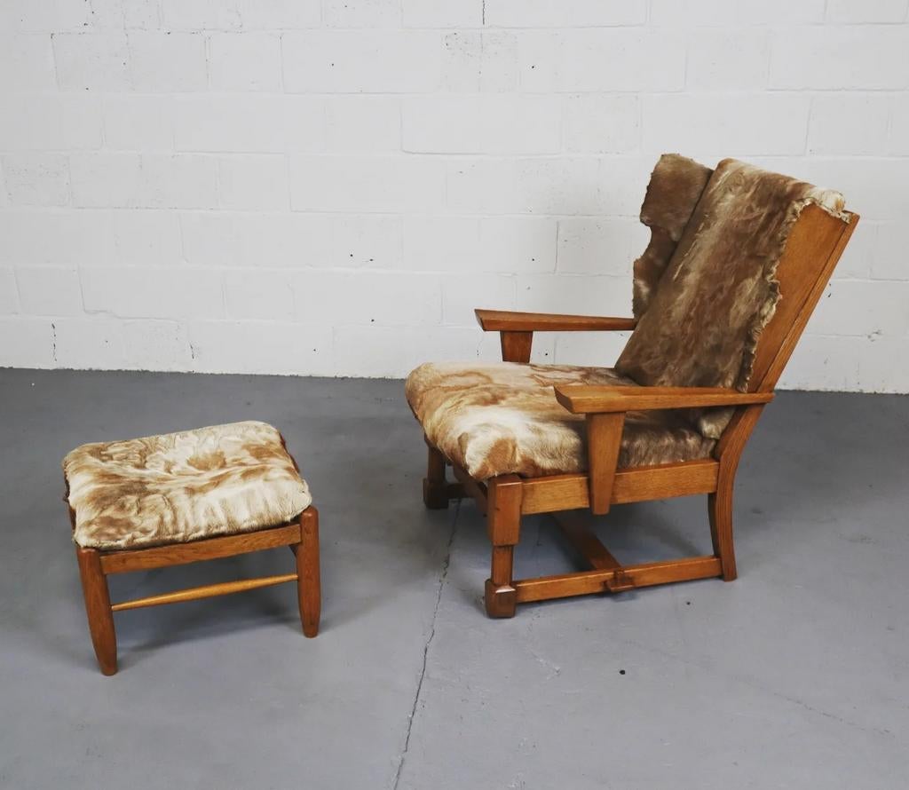 Brutalistische eiken lounge chair met ottoman, Huis en Inrichting, Fauteuils, Ophalen of Verzenden, Gebruikt