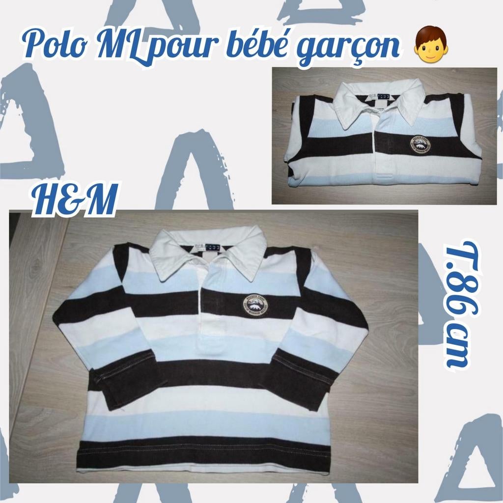 Polo ML pour garçon -blanc/brun/bleu-H&M-T.86 cm, Kinderen en Baby's, Babykleding | Maat 86, Gebruikt, Truitje of Vestje, H&M