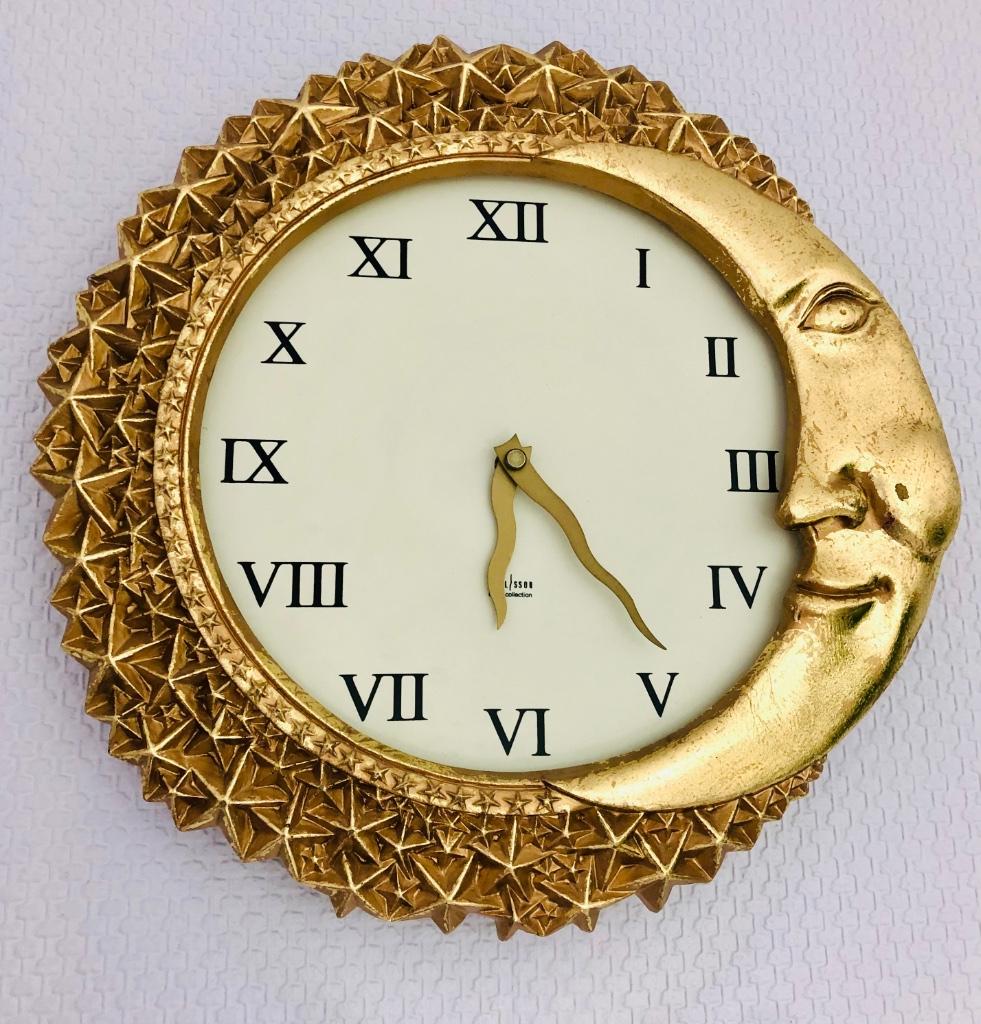Prachtige Karlsson wandklok goudkleurige zon/maan, Ophalen, Zo goed als nieuw, Wandklok