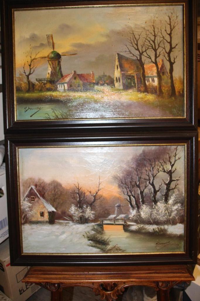 2 schilderijen met molen M. Douven, Antiek en Kunst, Ophalen