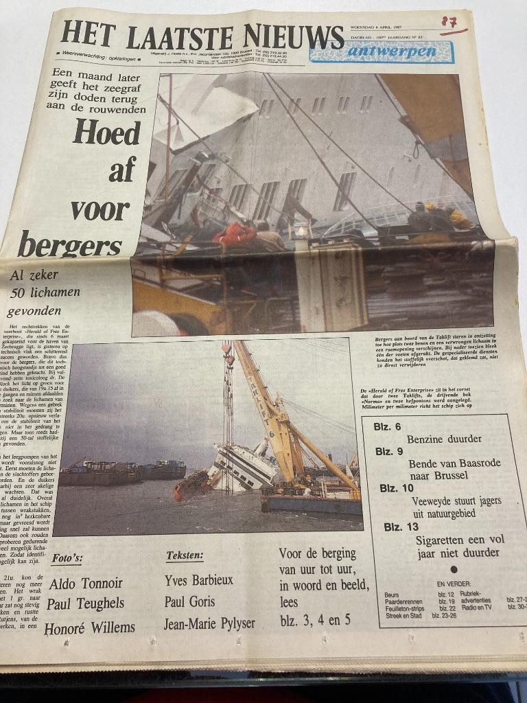Krant HLN 08/04/87 : Herald of Free enterprise, Club Brugge,, Ophalen of Verzenden, 1980 tot heden, Krant