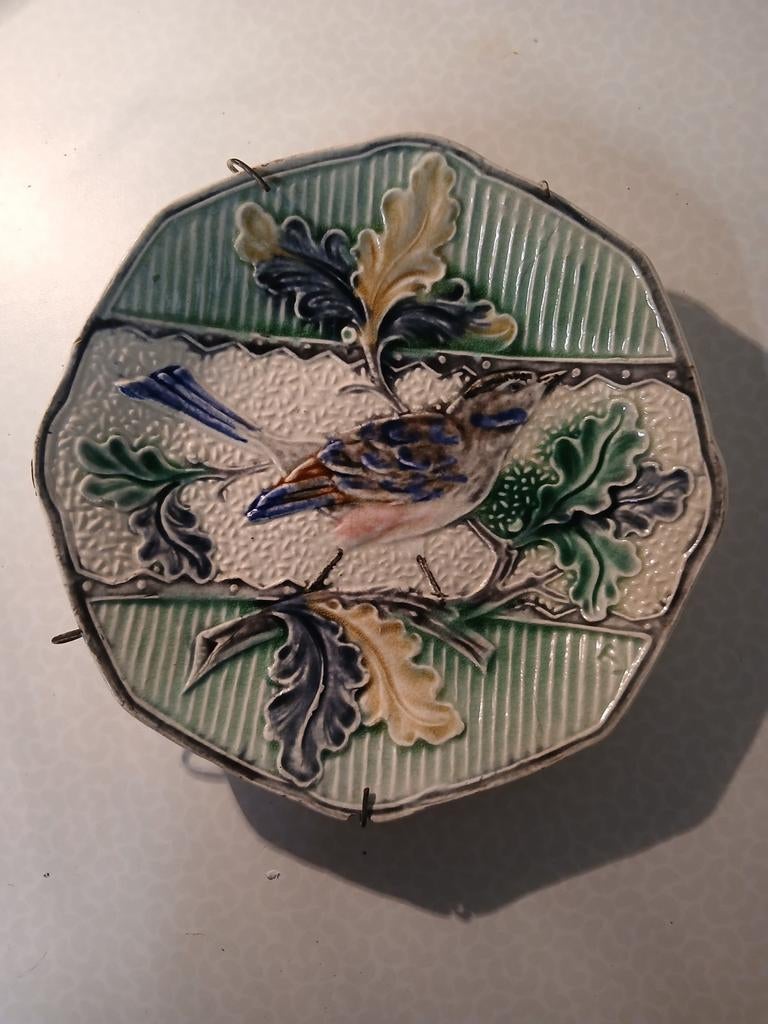 Barbotine, majolica borden vogel in eik, Antiek en Kunst, Ophalen of Verzenden