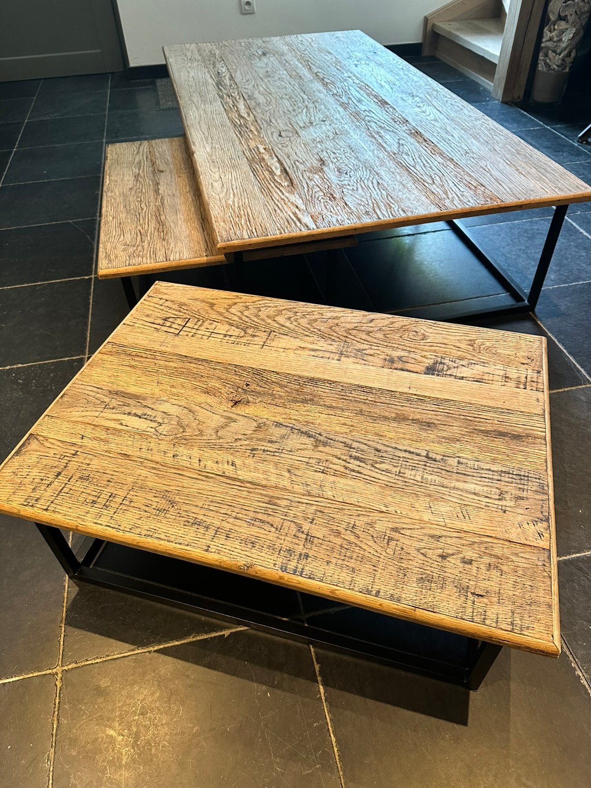 3 delige Flamant salontafel in eik met alu onderstel, Huis en Inrichting, Tafels | Salontafels, Ophalen, Gebruikt, 50 tot 100 cm