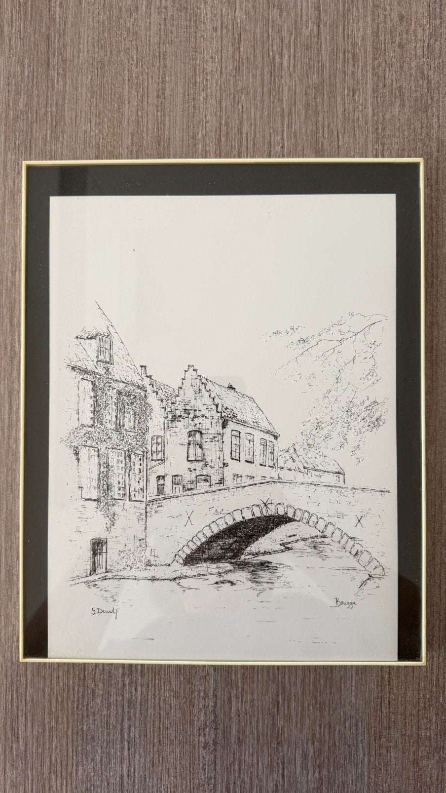 Ingekaderde tekening Brugge - G Dewulf, Antiek en Kunst, Kunst | Tekeningen en Fotografie, Ophalen of Verzenden, Tekening