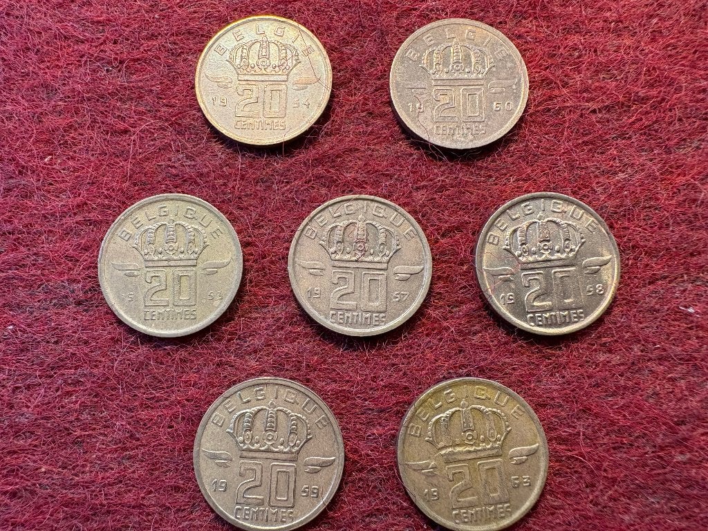 Set van 7 stuks van 20 centiem type Mijnwerker (#023#), Ophalen of Verzenden, Brons, Setje