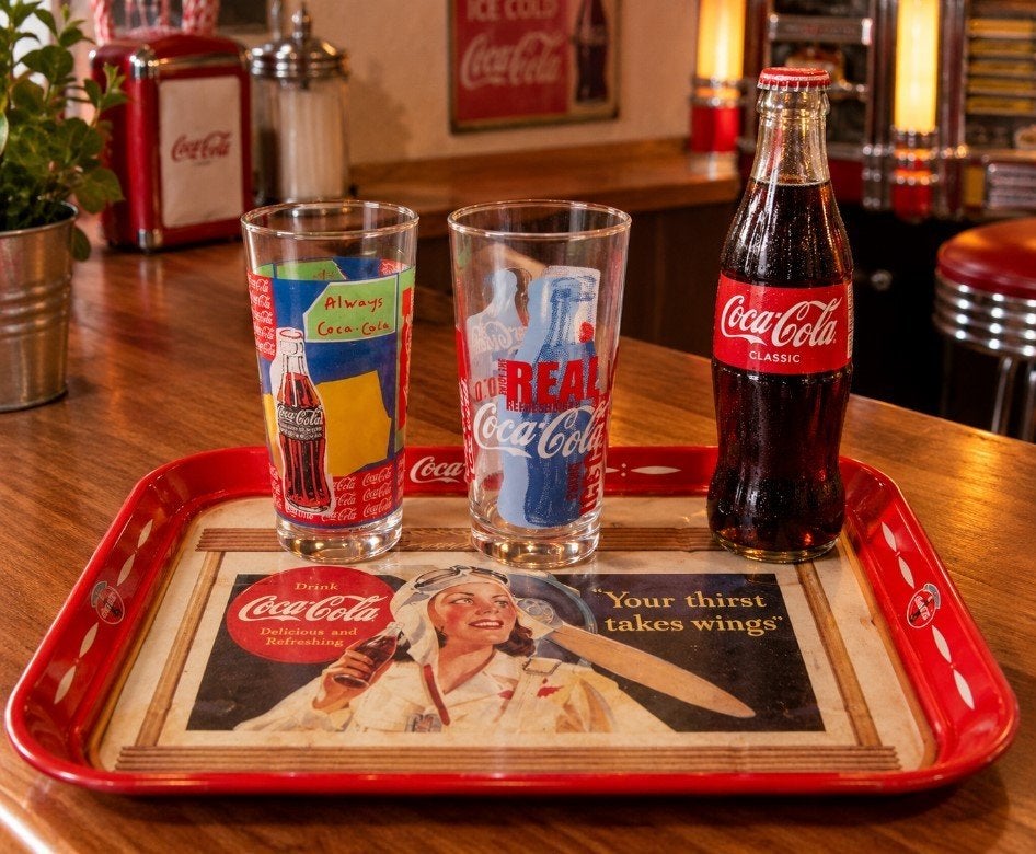 Vintage COCA-COLA set: 2 glazen + dienblad, Verzamelen, Ophalen of Verzenden, Zo goed als nieuw, Frisdrankglas