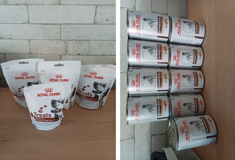 Royal Canin Gastrointestinal: 9x Blik Low Fat + 4x Treats, Animaux & Accessoires, Enlèvement, Chien