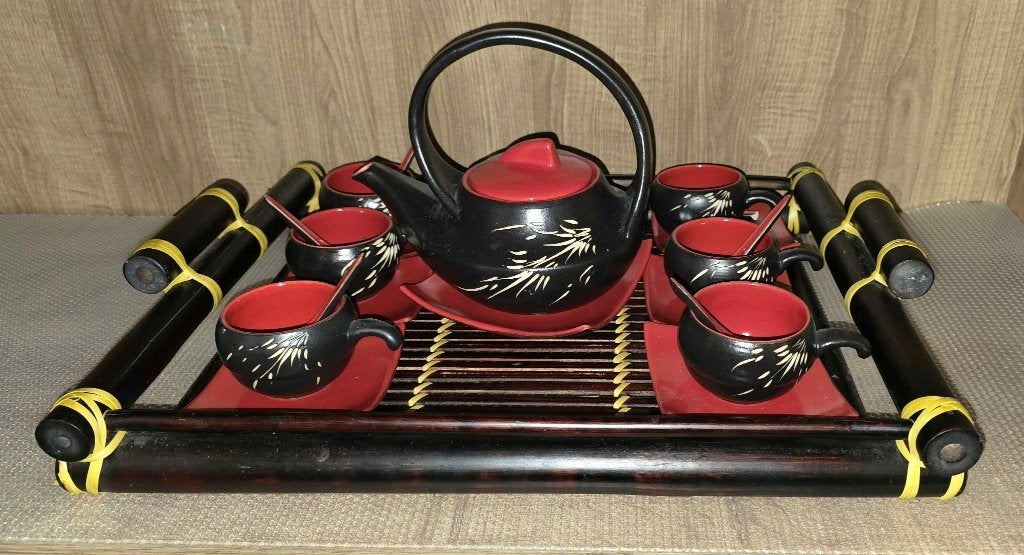 Service à thé noir/rouge, 6 tasses + théière + plateau, Enlèvement