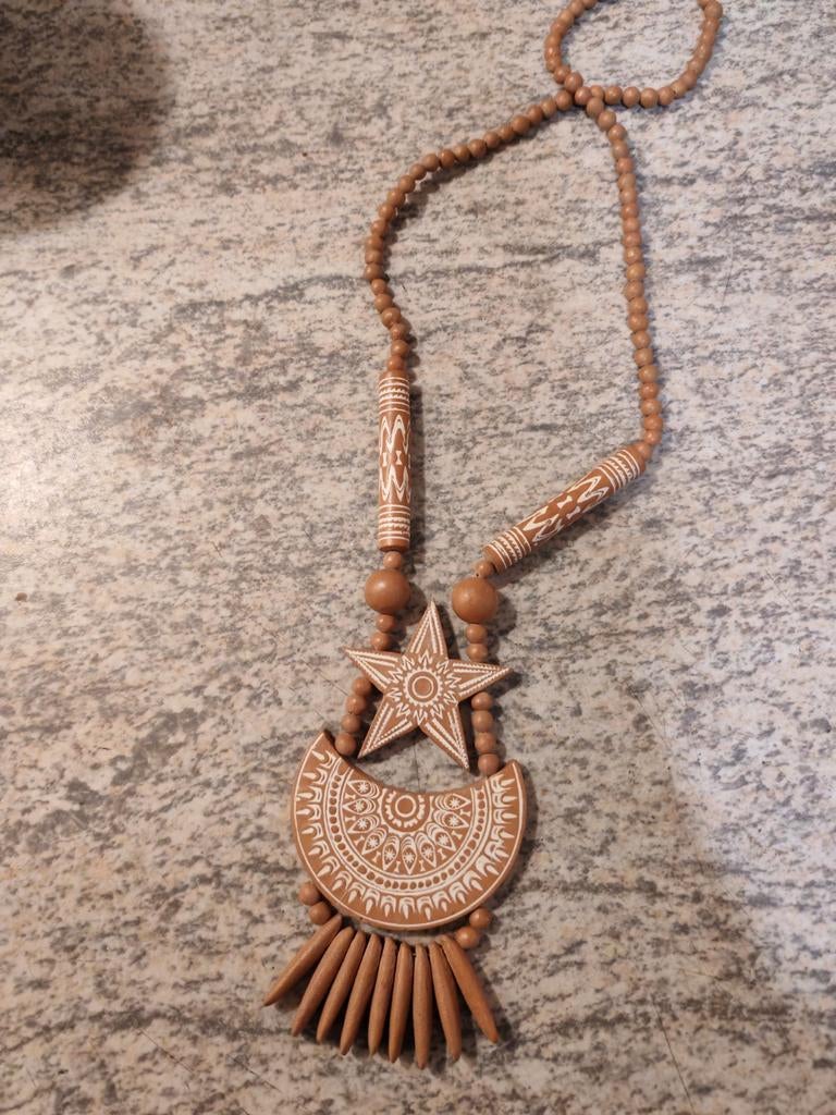 Etnische statement ketting - ster en halve maan, Handtassen en Accessoires, Kettingen, Ophalen, Bruin, Zo goed als nieuw, Overige materialen