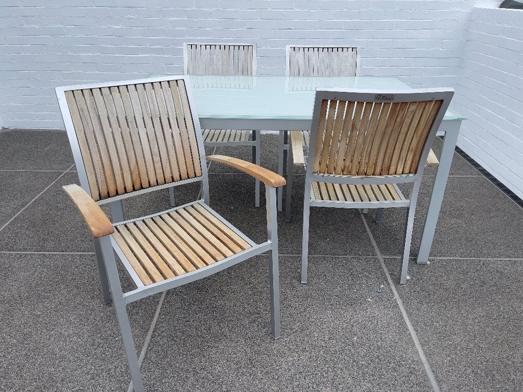 6 + 4 Chaises et une table de jardin, Enlèvement, Utilisé, Rectangulaire, Bois
