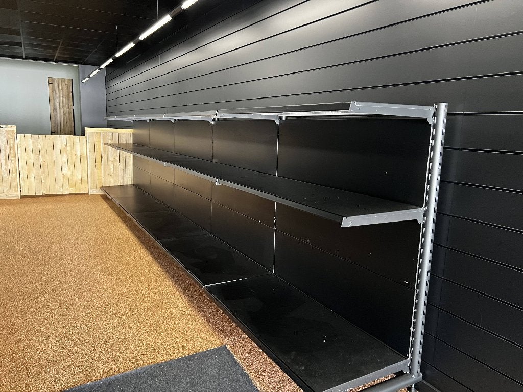 Zwarte metalen winkelrekken / legborden – 8 stuks, Zakelijke goederen, Kantoor en Winkelinrichting | Magazijn, Stelling en Opslag