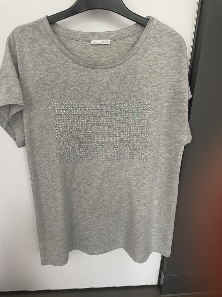 Grijze t-shirt met pailetten maat S, Zara, Ophalen of Verzenden, Zo goed als nieuw, Korte mouw