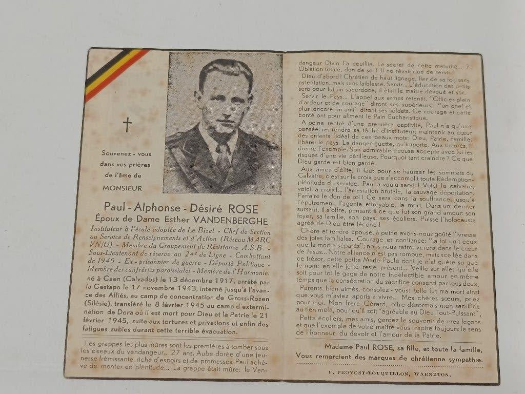 DP Paul Alphonse Désiré Rose Verzet WO2 Dora, Ophalen of Verzenden